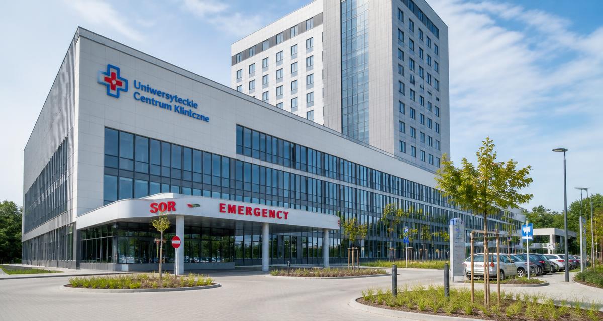 Uniwersyteckie centrum kliniczne w Gdańsku z oznakowanym wjazdem na SOR