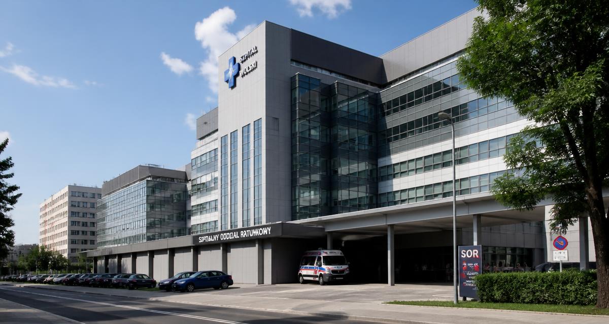 Nowoczesny szpital w Warszawie z podjazdem dla karetek i szpitalnym oddziałem ratunkowym
